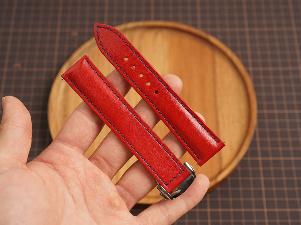Bespoke Red Buttero Leather Watch Strap for Omega with Deployant Clasp, Navy Stitching