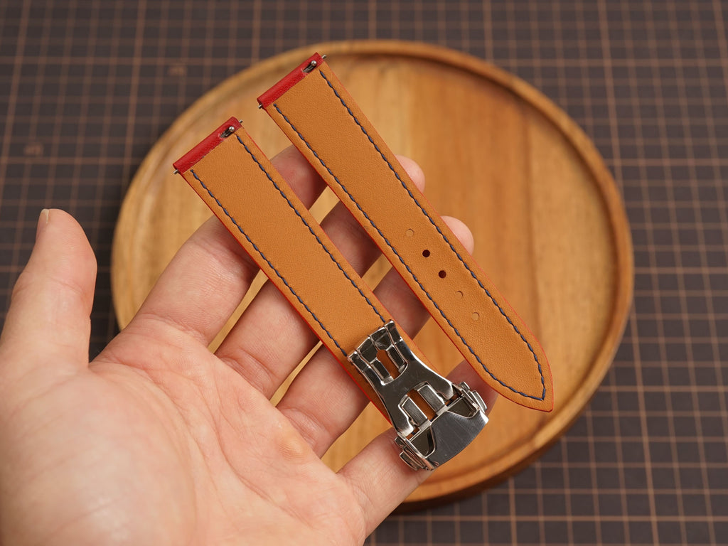 Bespoke Red Buttero Leather Watch Strap for Omega with Deployant Clasp, Navy Stitching