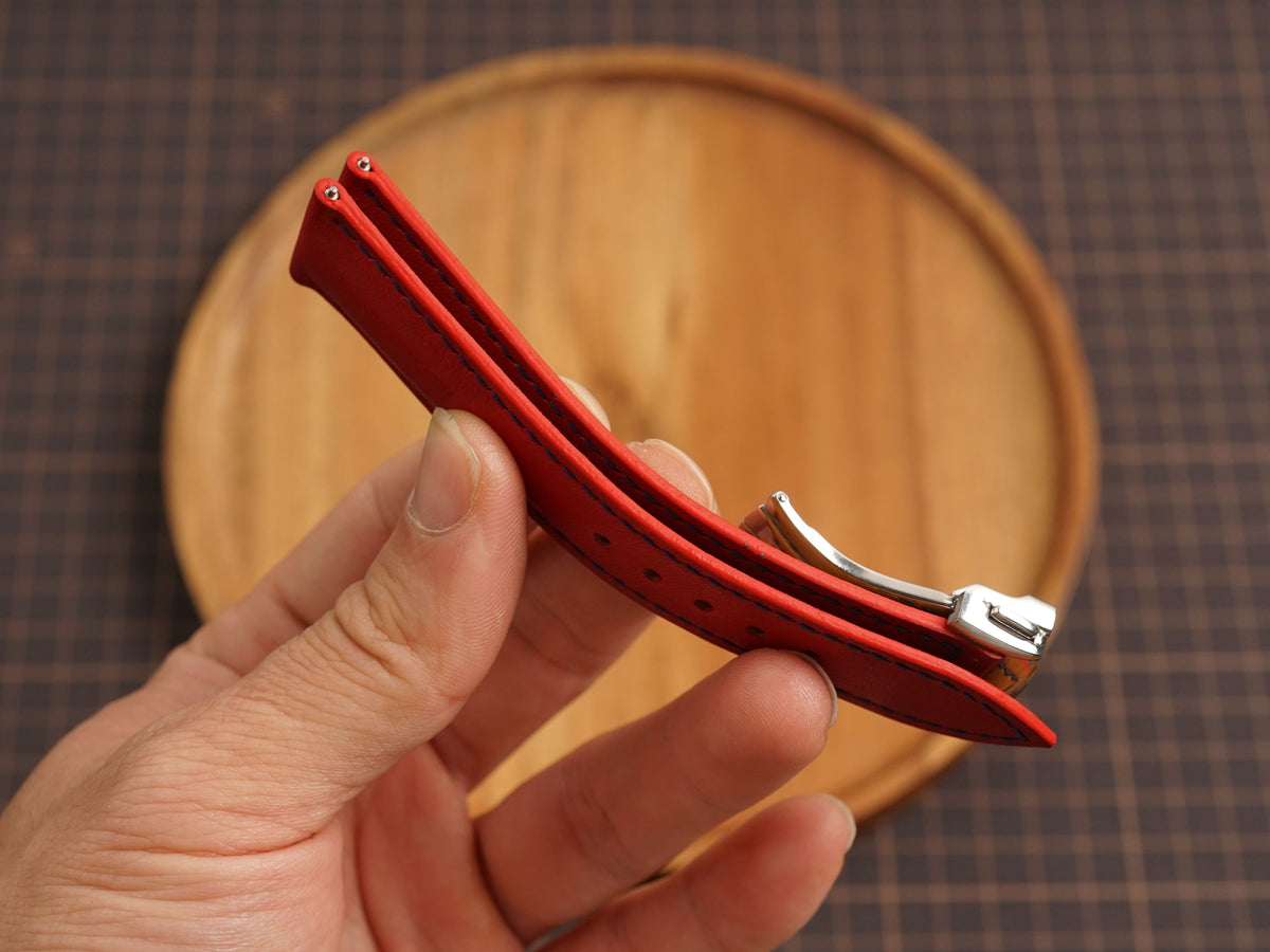 Bespoke Red Buttero Leather Watch Strap for Omega with Deployant Clasp, Navy Stitching