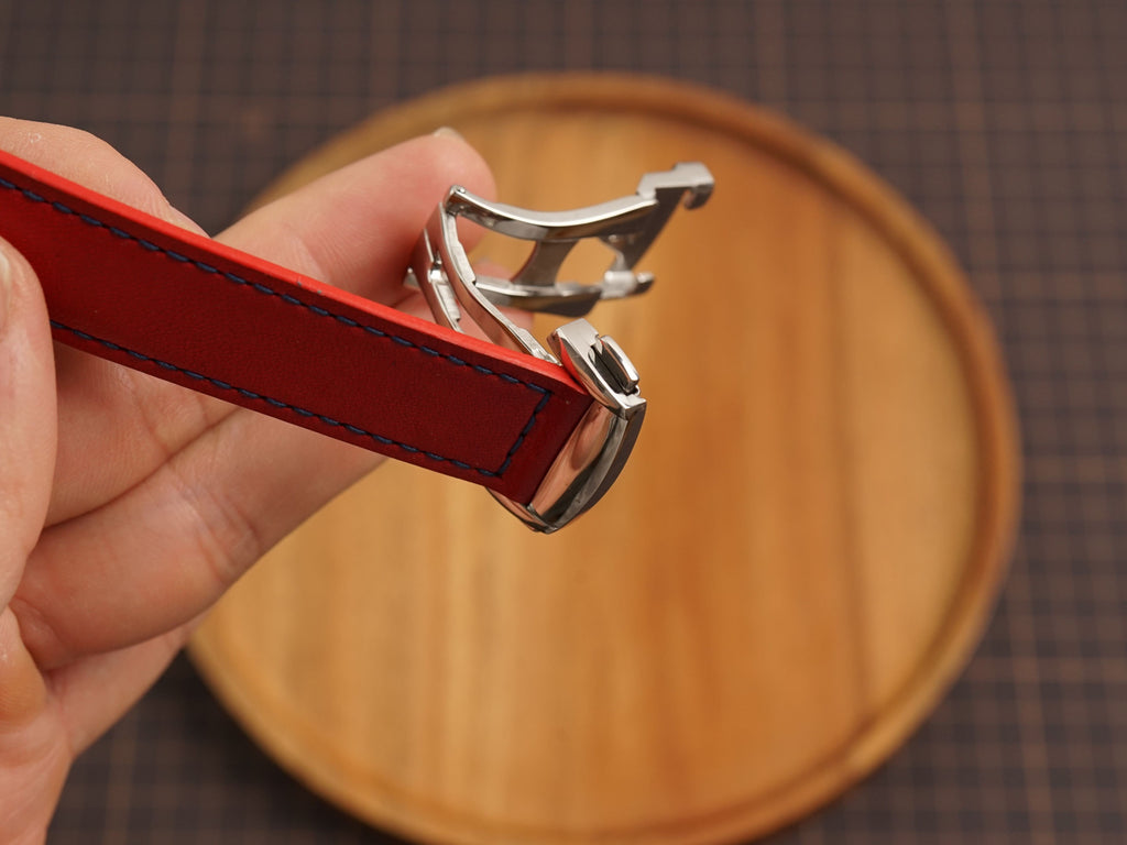 Bespoke Red Buttero Leather Watch Strap for Omega with Deployant Clasp, Navy Stitching