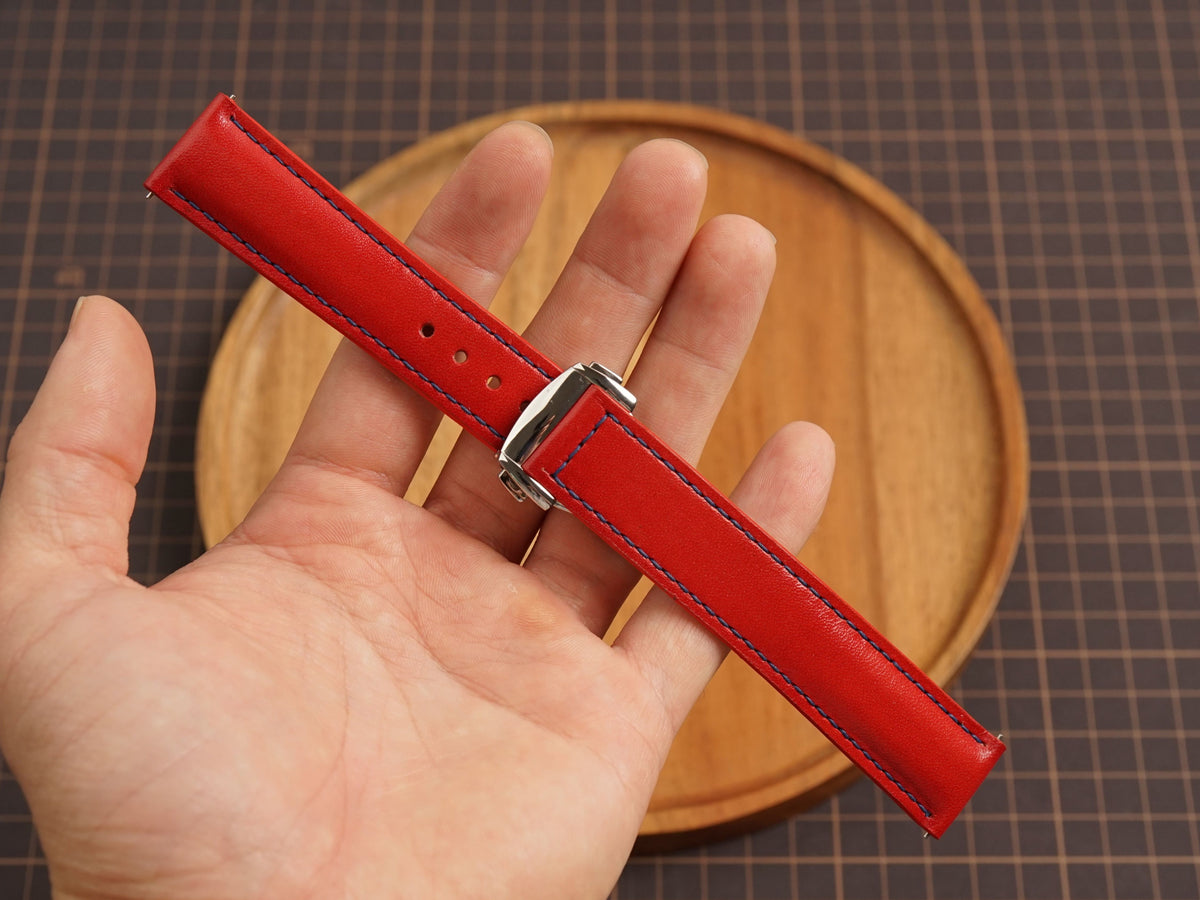 Bespoke Red Buttero Leather Watch Strap for Omega with Deployant Clasp, Navy Stitching