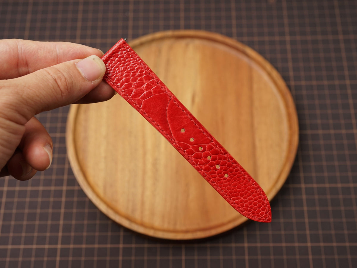 Bespoke Red Ostrich Leather Watch Strap, Flat and Padded Style