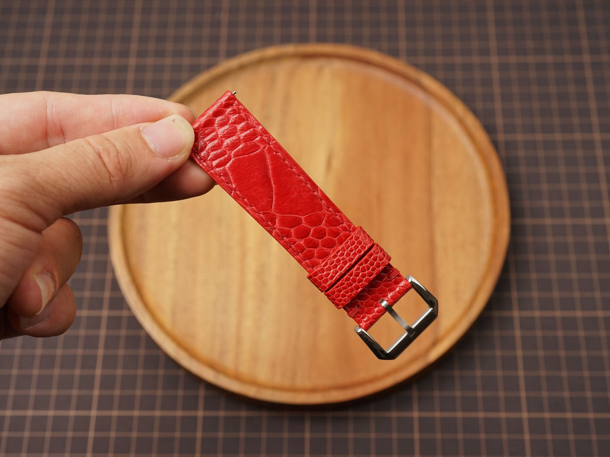 Bespoke Red Ostrich Leather Watch Strap, Flat and Padded Style