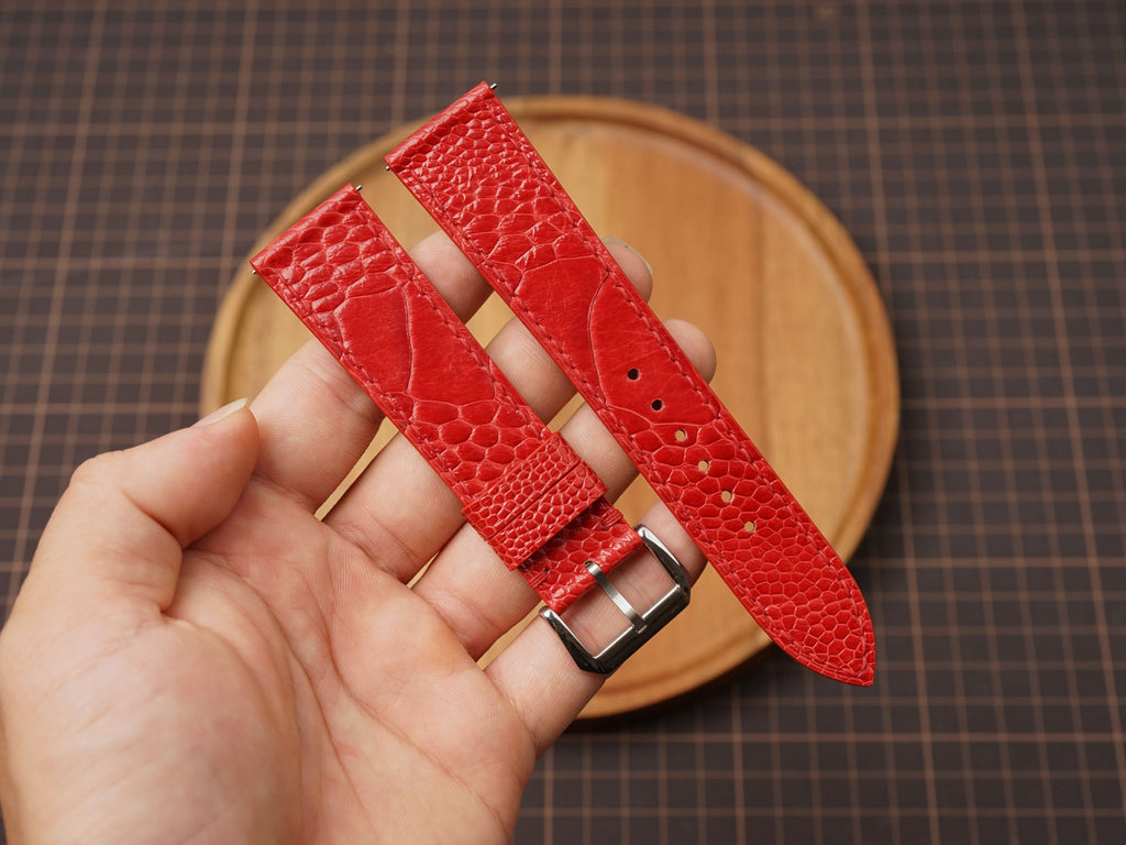 Bespoke Red Ostrich Leather Watch Strap, Flat and Padded Style