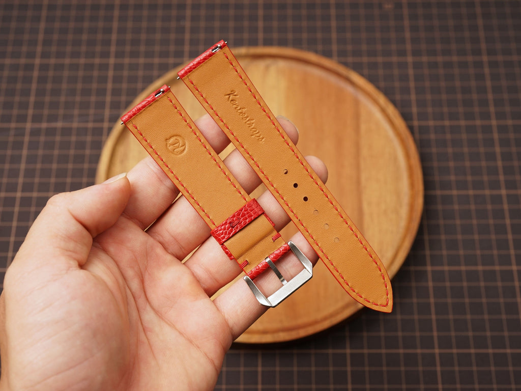 Bespoke Red Ostrich Leather Watch Strap, Flat and Padded Style