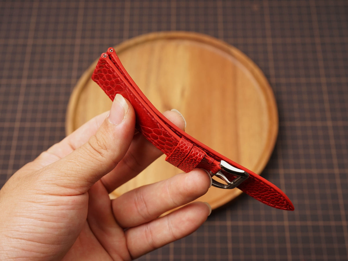 Bespoke Red Ostrich Leather Watch Strap, Flat and Padded Style