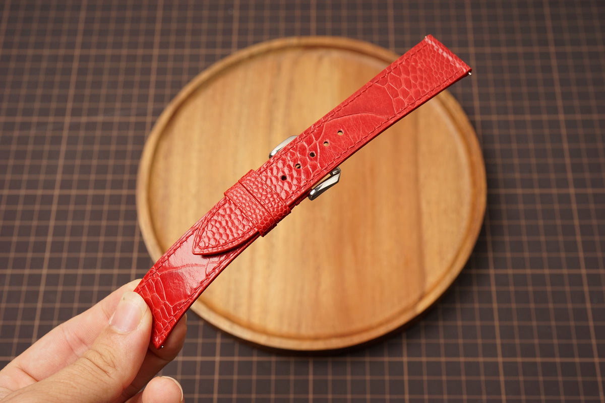 Bespoke Red Ostrich Leather Watch Strap, Flat and Padded Style