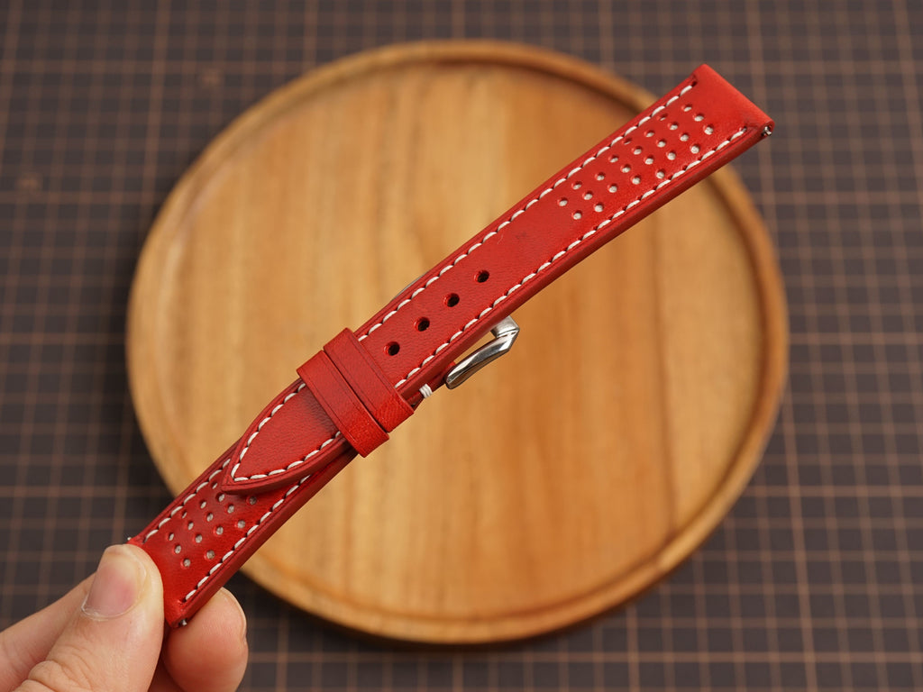 Bespoke Red White Rally Racing Buttero Leather Watch Strap, Perforated Watch Band