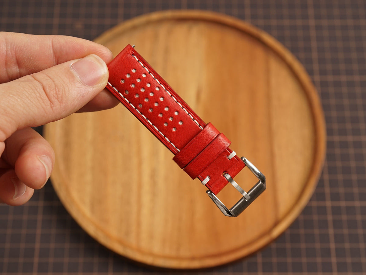 Bespoke Red White Rally Racing Buttero Leather Watch Strap, Perforated Watch Band