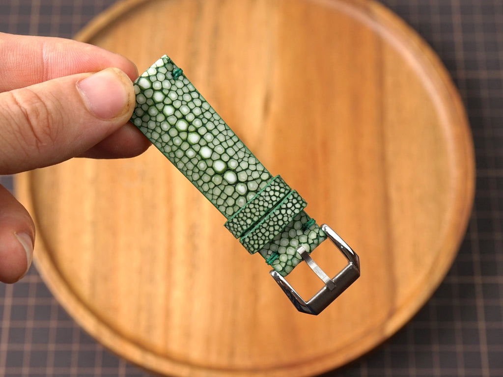 Bespoke Single Pearl Olive Green Stingray Leather Watch Strap, Dress Watch Strap