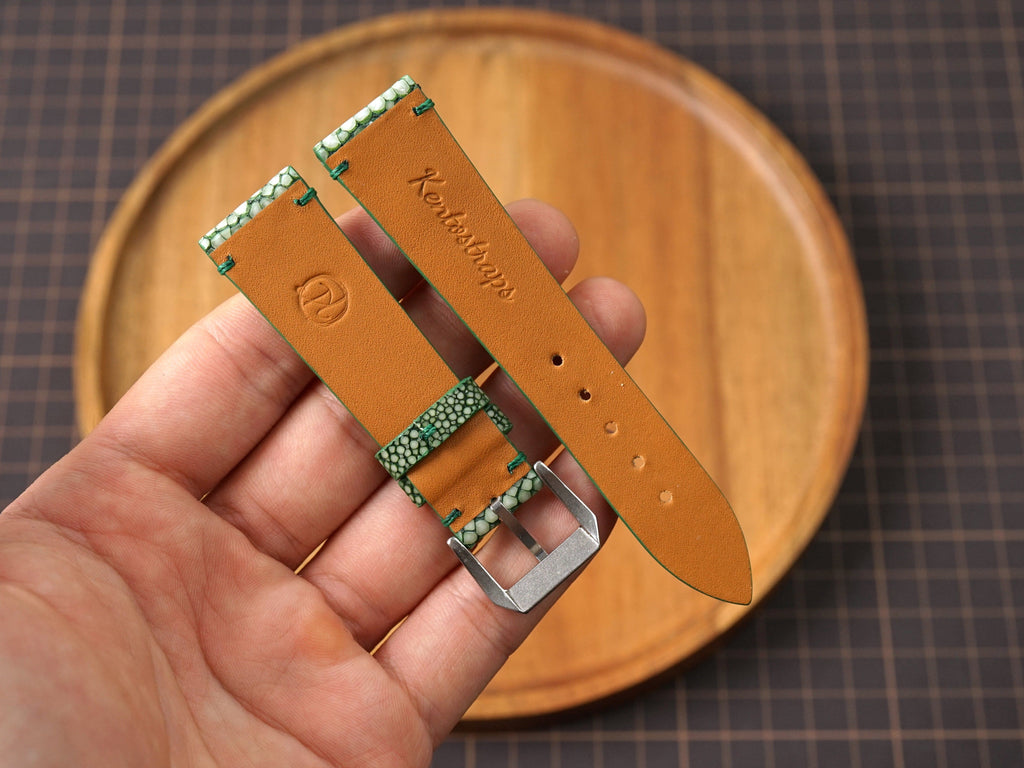 Bespoke Single Pearl Olive Green Stingray Leather Watch Strap, Dress Watch Strap