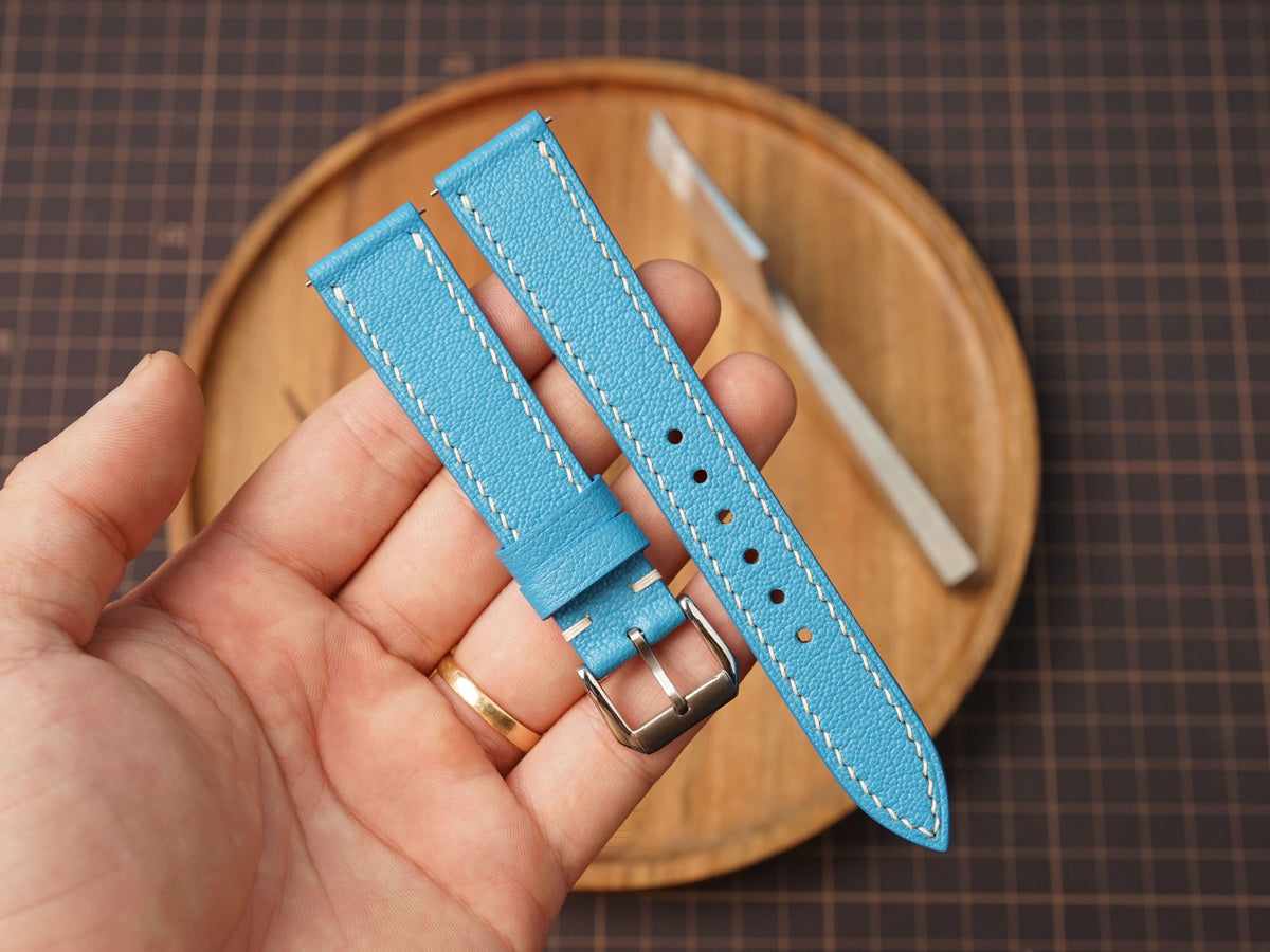 Bespoke Sky Blue Alran Leather Watch Strap, Flat Design, Dress Watch Band