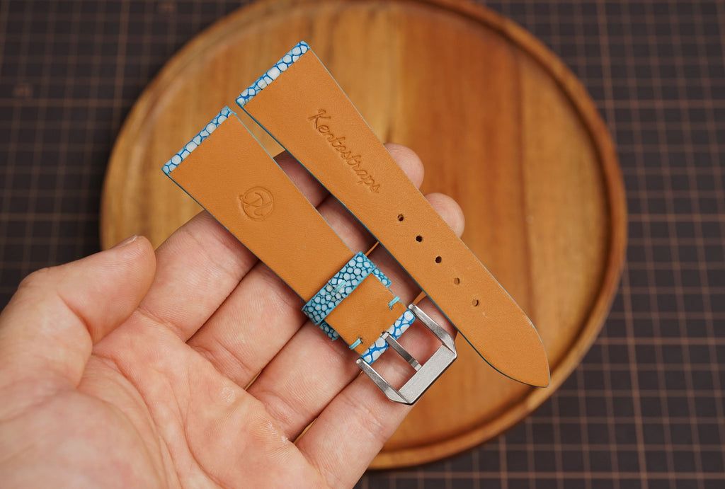 Bespoke Double Pearl Sky Blue Stingray Leather Watch Strap 16/17/18/19/20/21/22/23/24/26mm