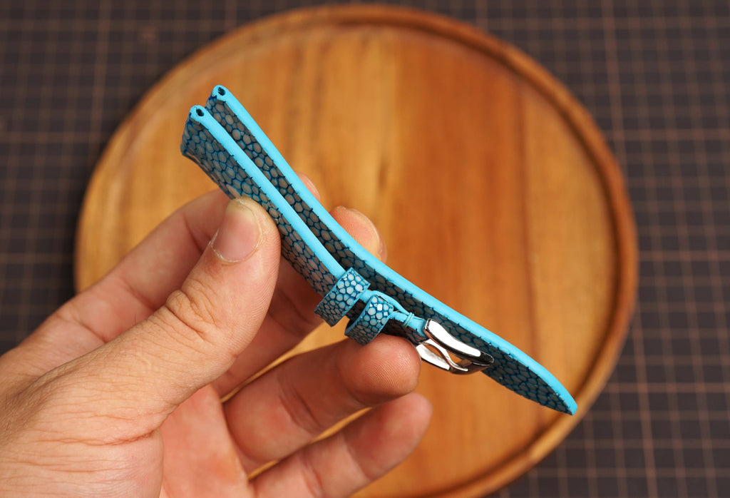 Bespoke Double Pearl Sky Blue Stingray Leather Watch Strap 16/17/18/19/20/21/22/23/24/26mm