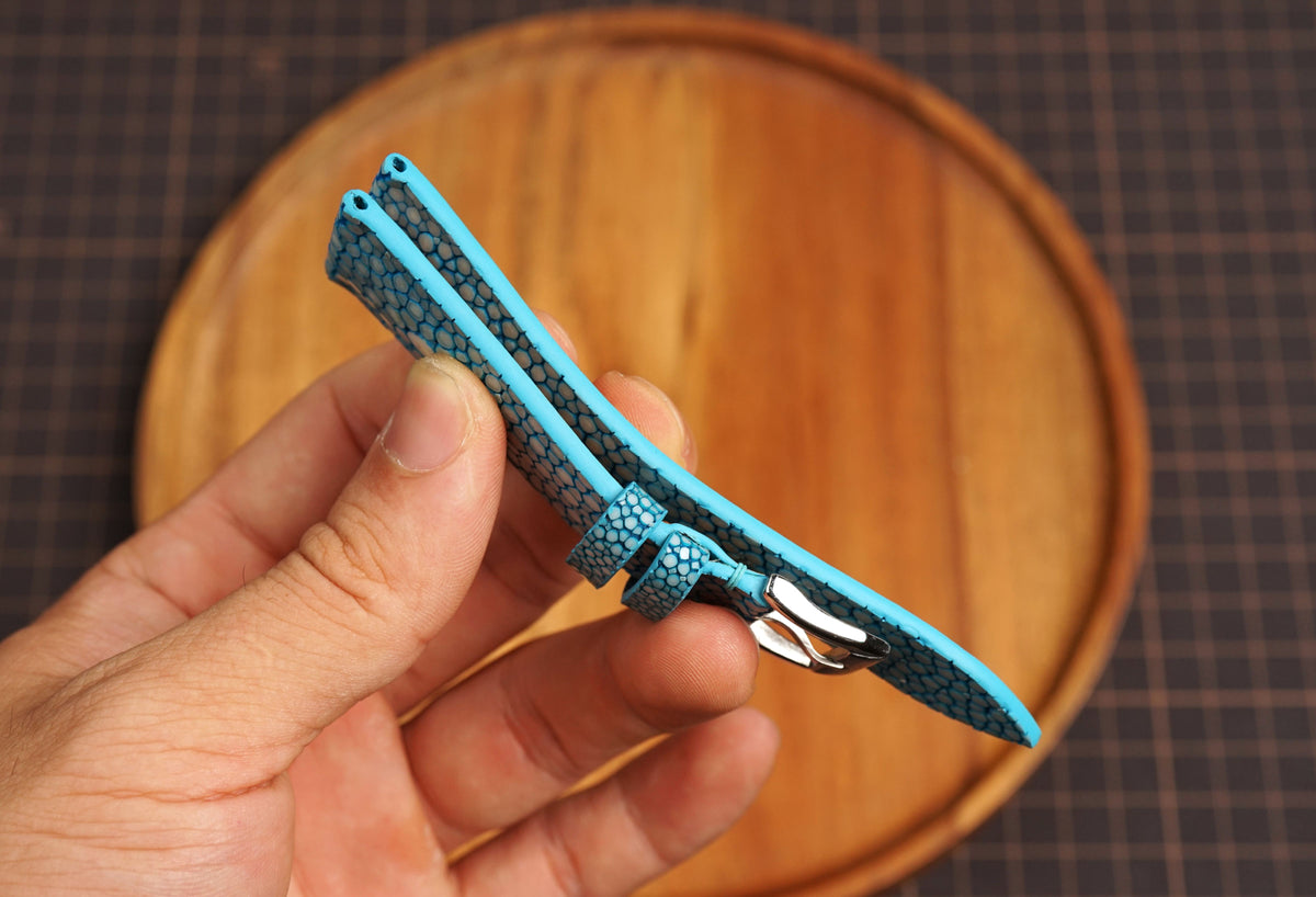 Bespoke Double Pearl Sky Blue Stingray Leather Watch Strap 16/17/18/19/20/21/22/23/24/26mm
