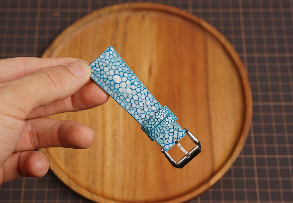 Bespoke Double Pearl Sky Blue Stingray Leather Watch Strap 16/17/18/19/20/21/22/23/24/26mm