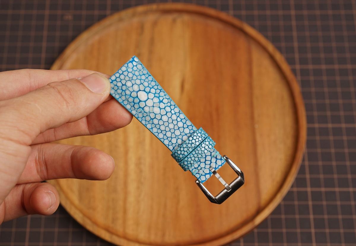 Bespoke Double Pearl Sky Blue Stingray Leather Watch Strap 16/17/18/19/20/21/22/23/24/26mm