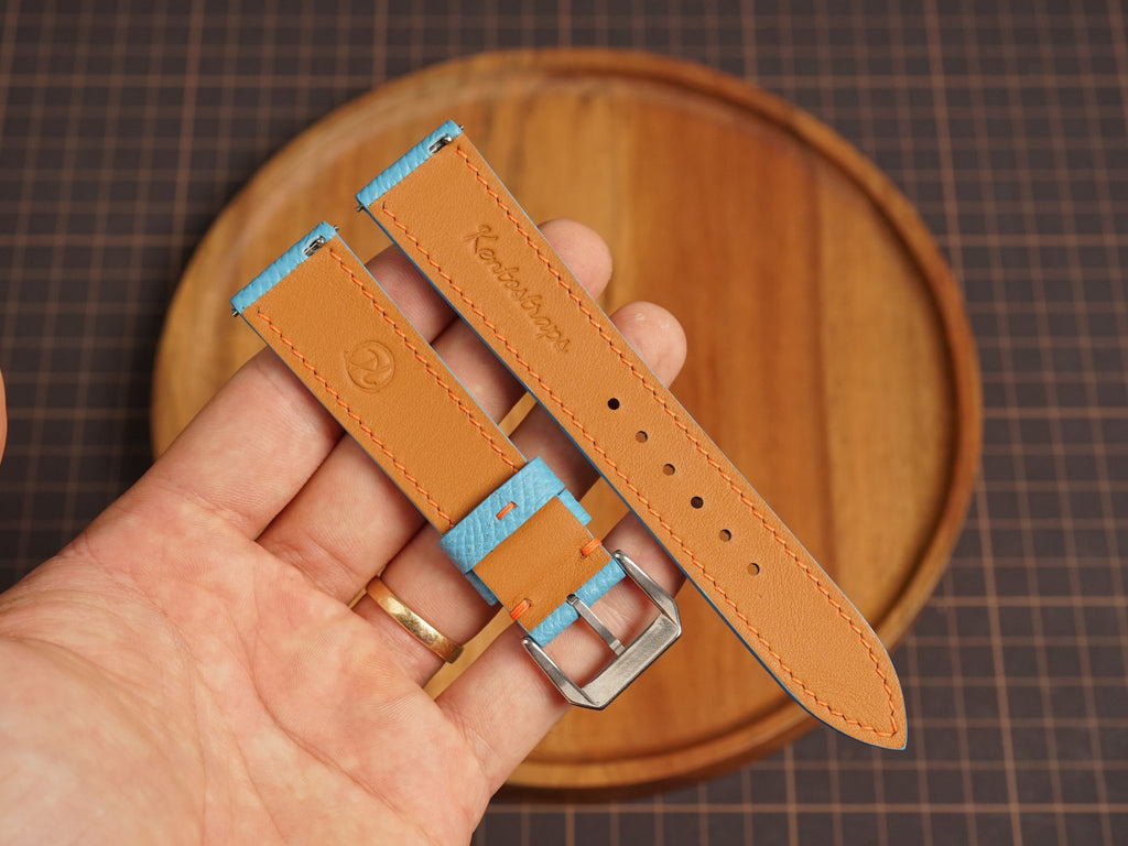 Bespoke Sky Blue Epsom Leather Watch Strap with Orange Stitching, Dress Watch Band