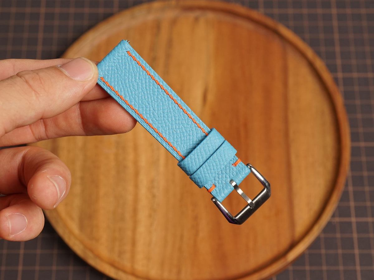 Bespoke Sky Blue Epsom Leather Watch Strap with Orange Stitching, Dress Watch Band