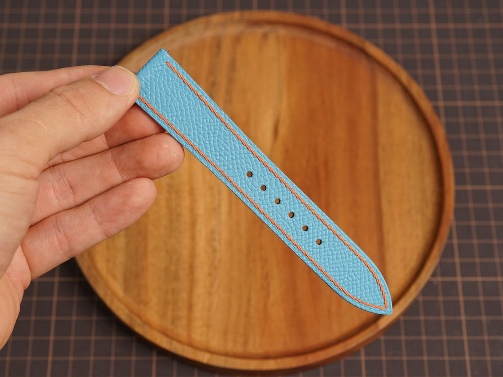 Bespoke Sky Blue Epsom Leather Watch Strap with Orange Stitching, Dress Watch Band