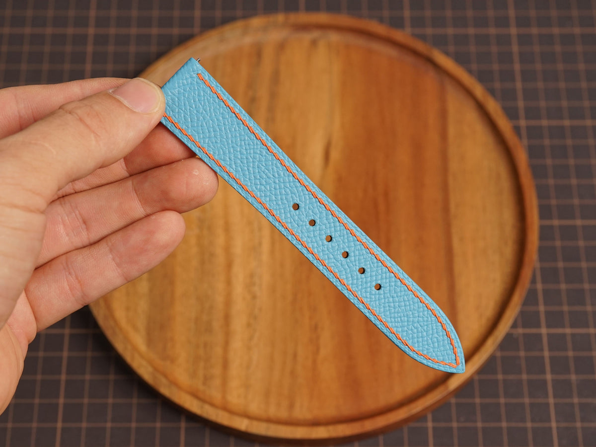 Bespoke Sky Blue Epsom Leather Watch Strap with Orange Stitching, Dress Watch Band