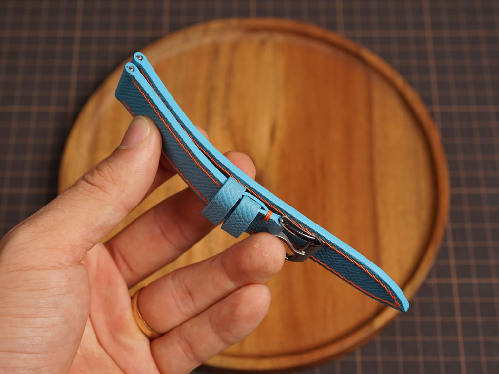 Bespoke Sky Blue Epsom Leather Watch Strap with Orange Stitching, Dress Watch Band
