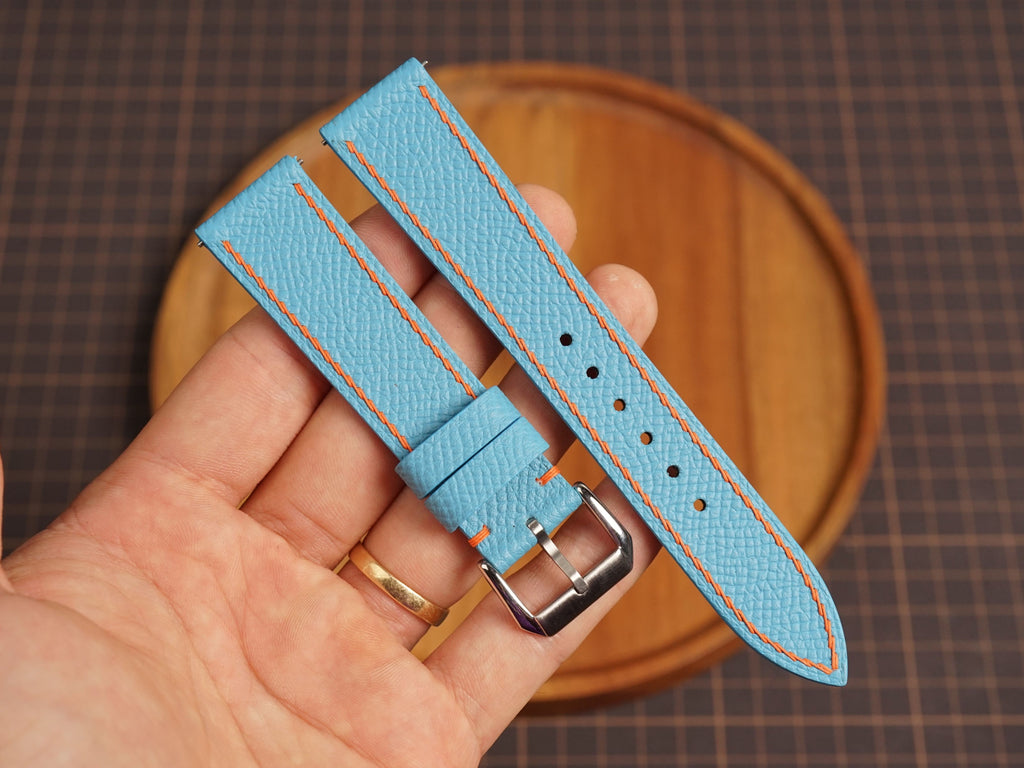 Bespoke Sky Blue Epsom Leather Watch Strap with Orange Stitching, Dress Watch Band
