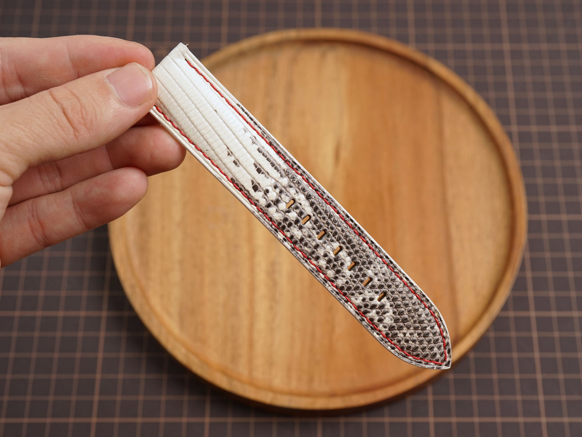 Bespoke Black White Lizard Leather Watch Strap with Red Thread, Diver Watch Band