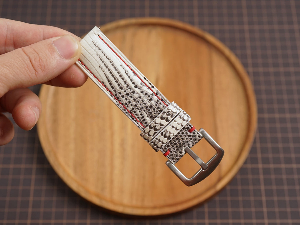 Bespoke Black White Lizard Leather Watch Strap with Red Thread, Diver Watch Band