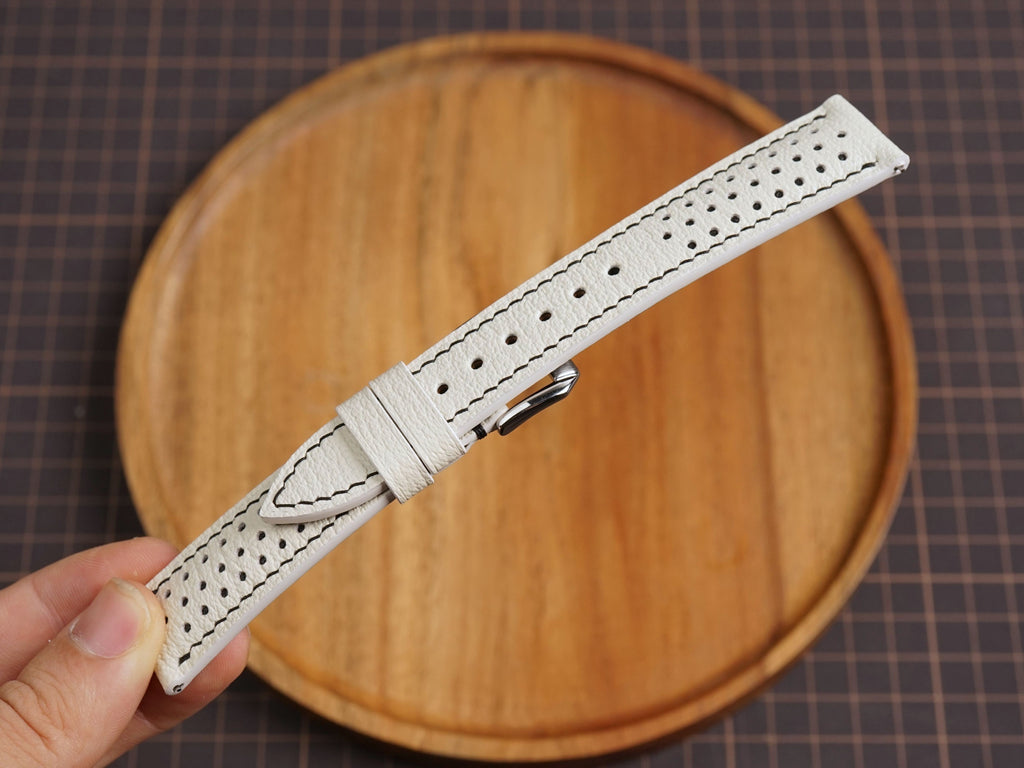 Bespoke White Black Rally Racing Alran Leather Watch Strap, Perforated Watch Band