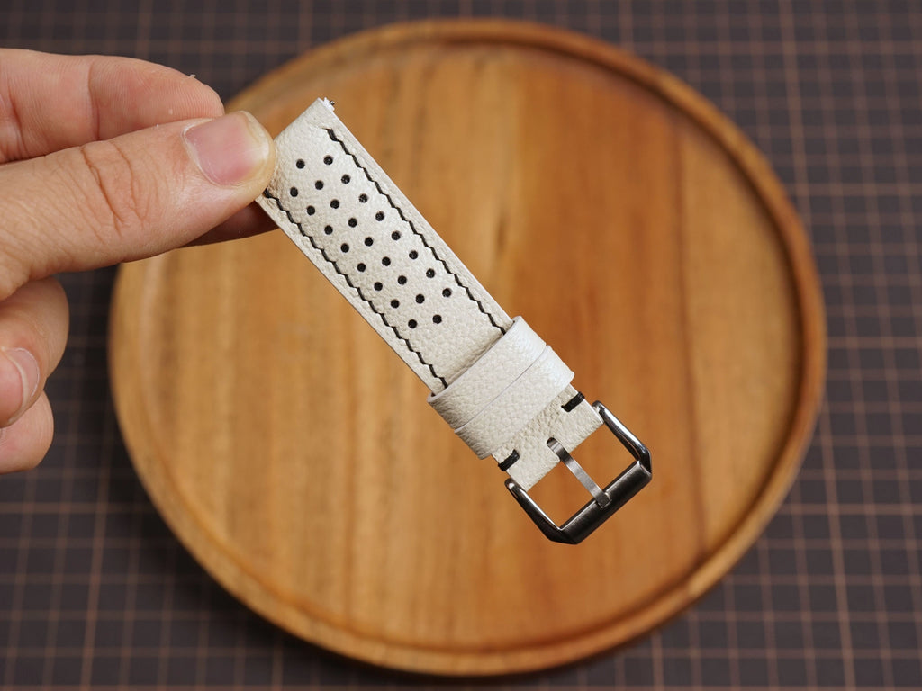 Bespoke White Black Rally Racing Alran Leather Watch Strap, Perforated Watch Band