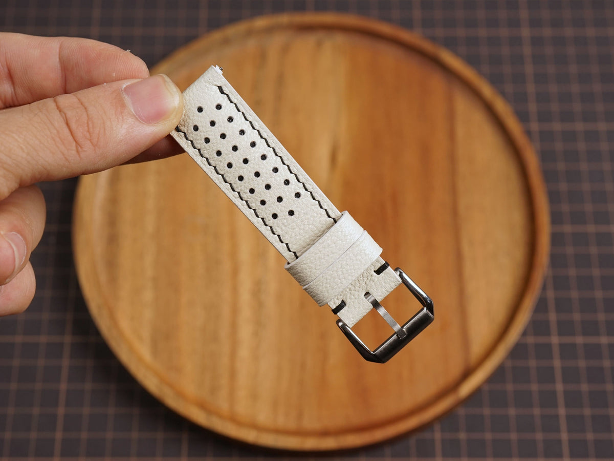 Bespoke White Black Rally Racing Alran Leather Watch Strap, Perforated Watch Band