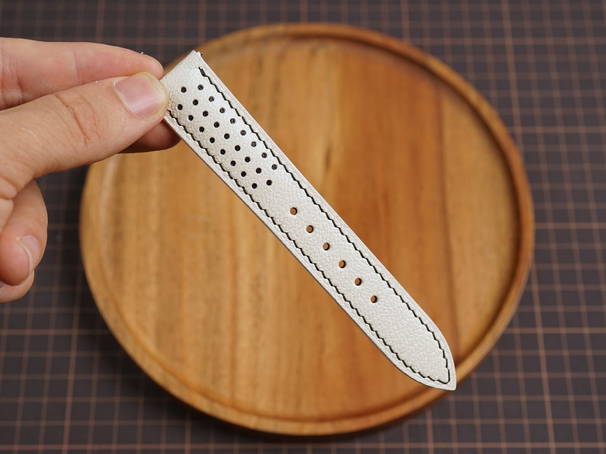 Bespoke White Black Rally Racing Alran Leather Watch Strap, Perforated Watch Band