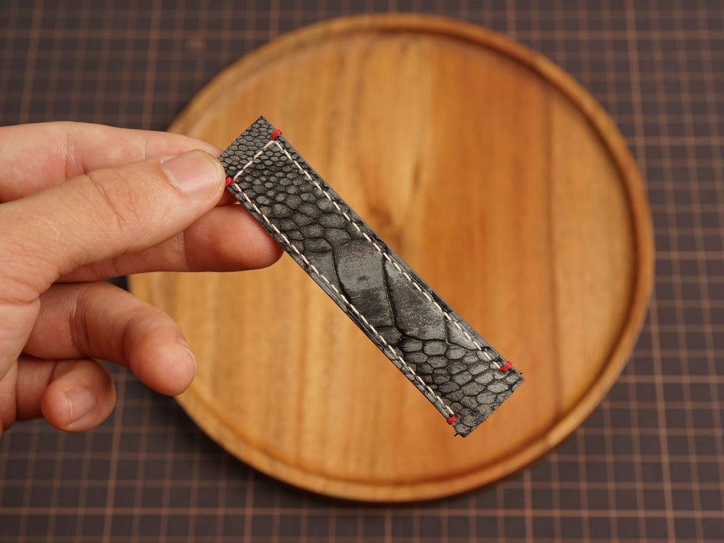 Bespoke Gray Nubuck Ostrich Leather Watch Strap with Red for Omega with Deployant Clasp