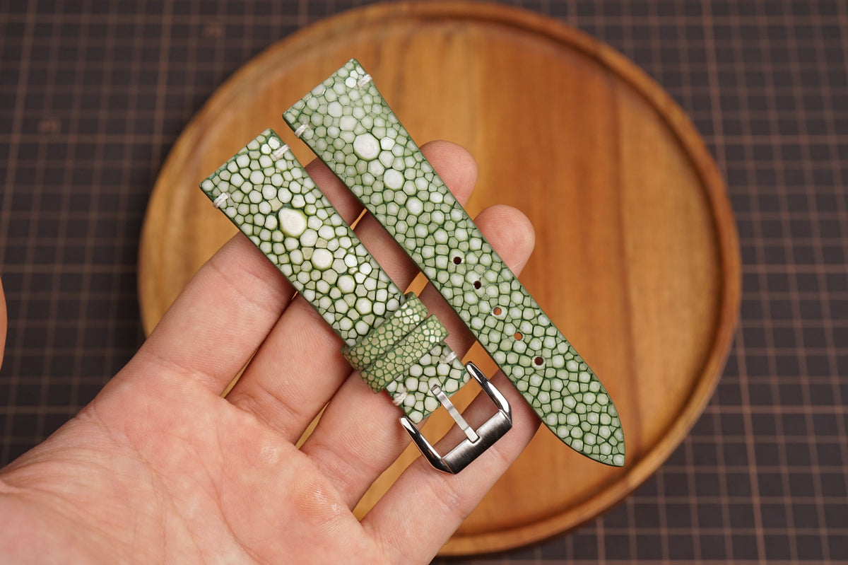 Bespoke Olive Green Double Pearl Stingray Leather Watch Strap 16/17/18/19/20/21/22/23/24/26/27mm