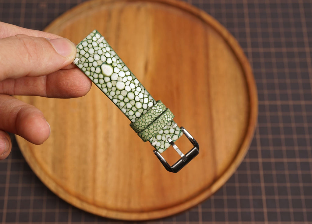 Bespoke Olive Green Double Pearl Stingray Leather Watch Strap 16/17/18/19/20/21/22/23/24/26/27mm