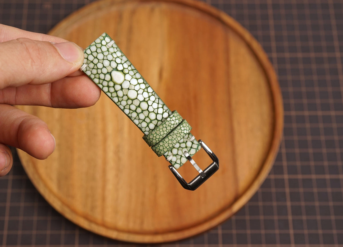 Bespoke Olive Green Double Pearl Stingray Leather Watch Strap 16/17/18/19/20/21/22/23/24/26/27mm