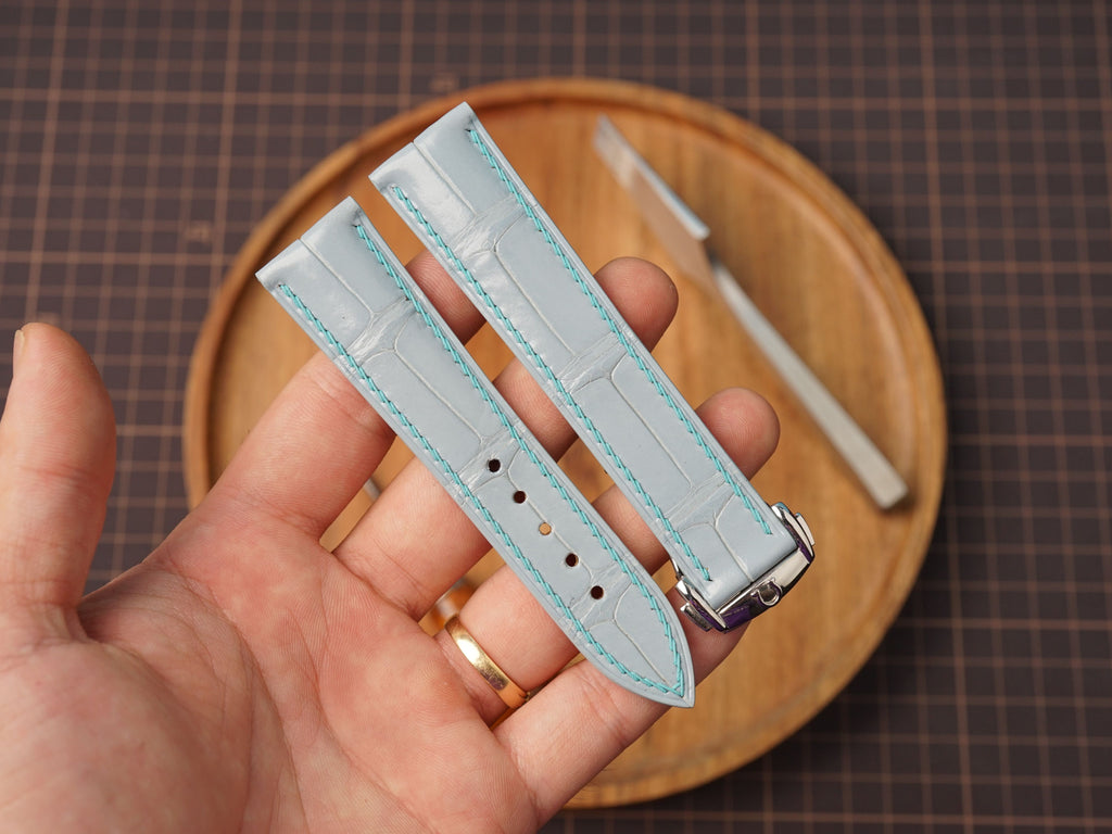 Bespoke Grayish Blue Alligator Leather Watch Strap with Deployant Clasp