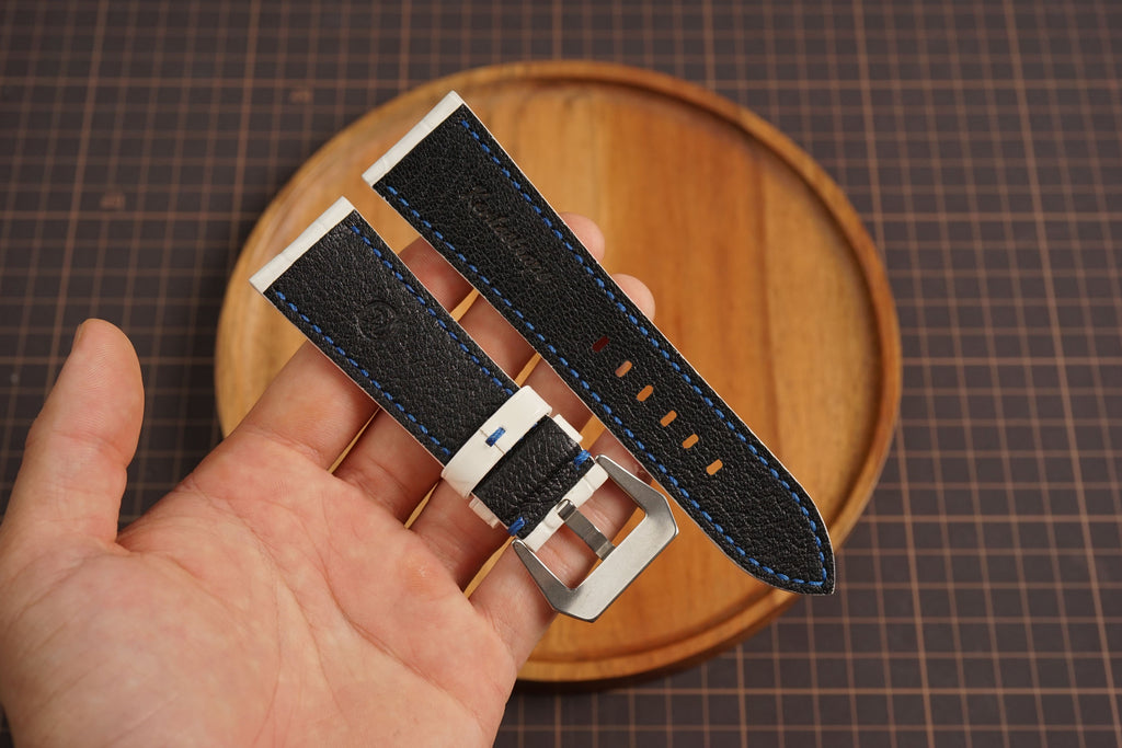 Bespoke White Alligator Leather Watch Strap with Blue Stitching for Panerai 20/22/24/26/27mm