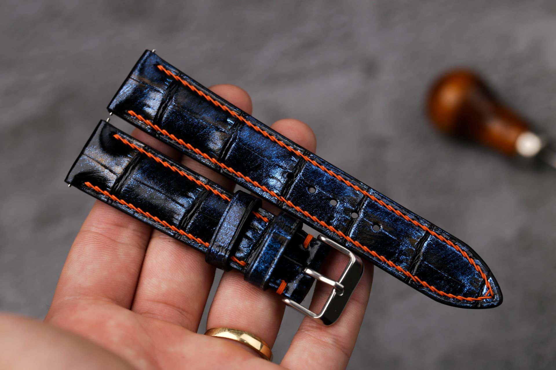 Bespoke Glossy Navy Blue Exotic Alligator Watch Strap, Slim