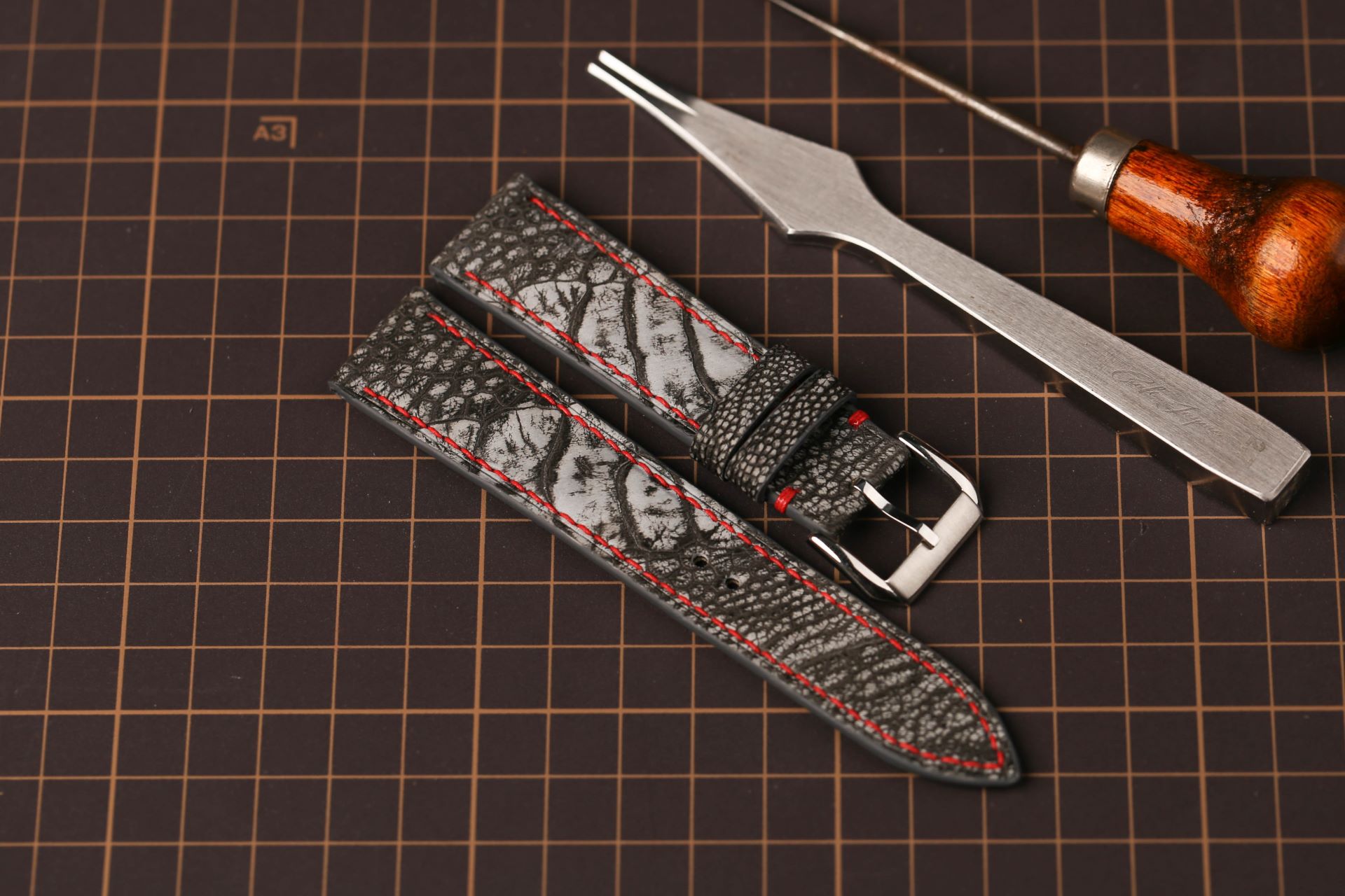 Bespoke Gray Two Tone Ostrich Leg Leather Watch Strap, Handmade Watch Strap