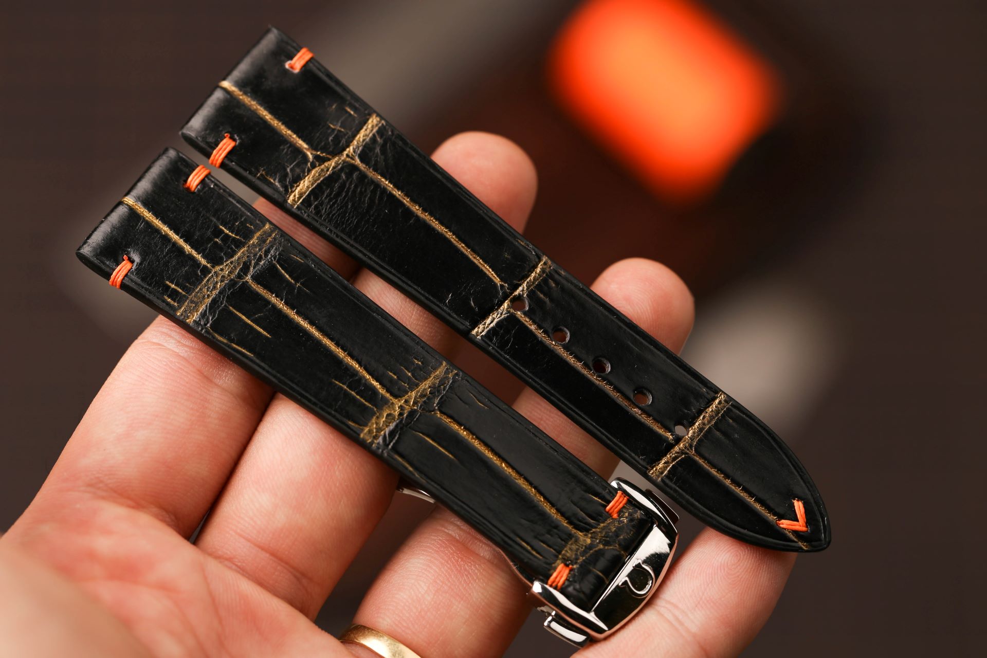 Two Tone Black Alligator Leather Watch Strap, Omega Clasp Watch Band