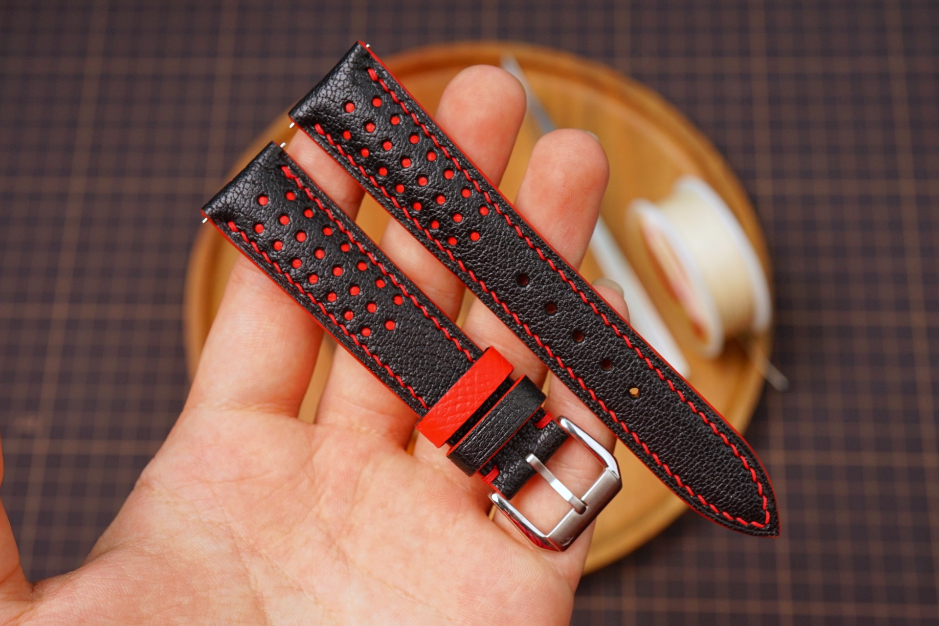 Bespoke Racing Rally Black mix Red Alran Leather Watch Strap, Omega Watch Strap