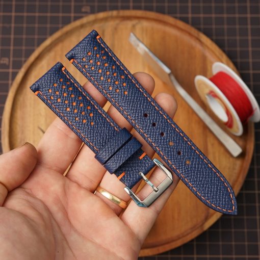 Bespoke Racing Rally Navy mix Orange Epsom Leather Watch Strap, Omega Watch Strap