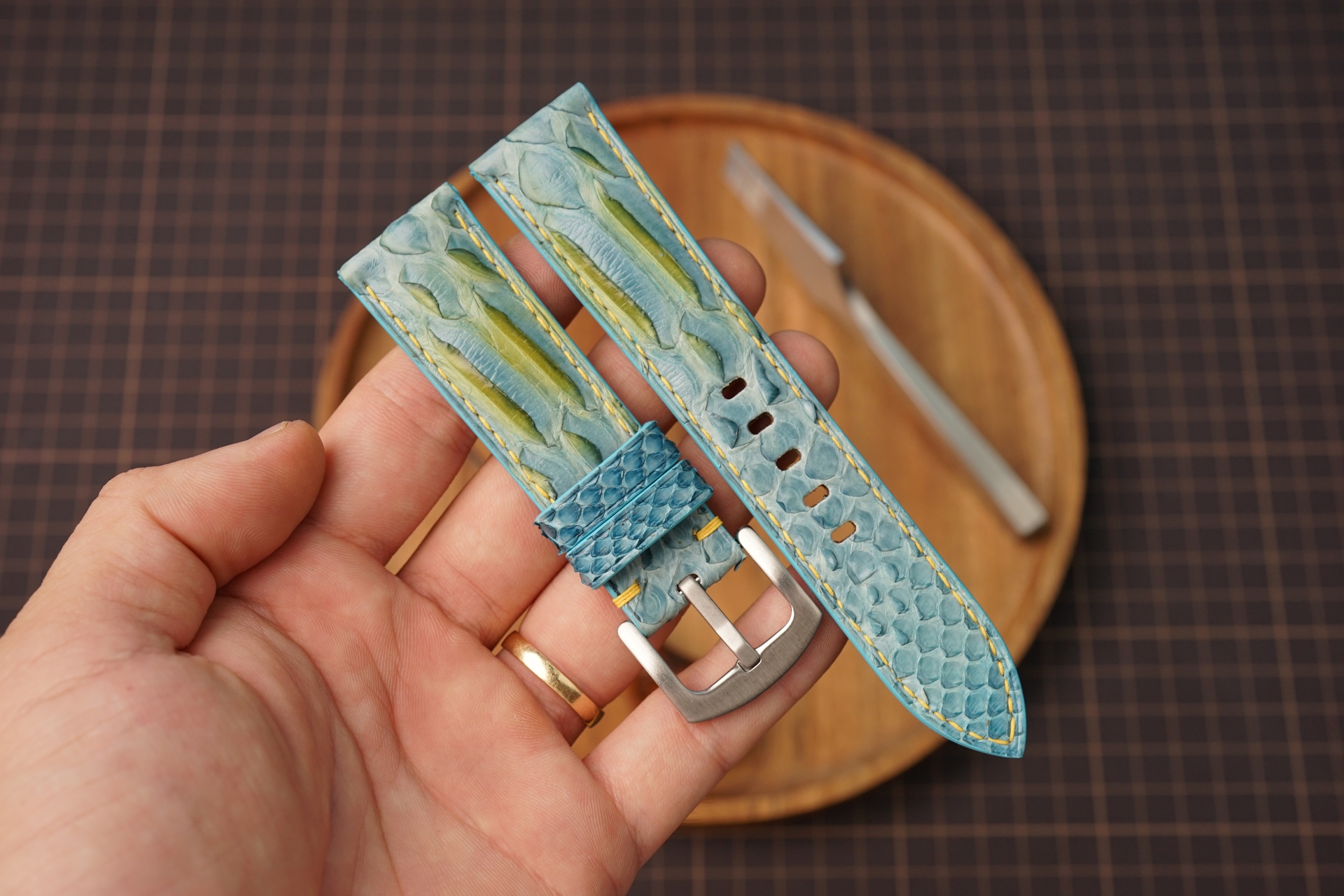 Exotic Light Blue Python Leather Watch Strap, Custom Leather Watch Band