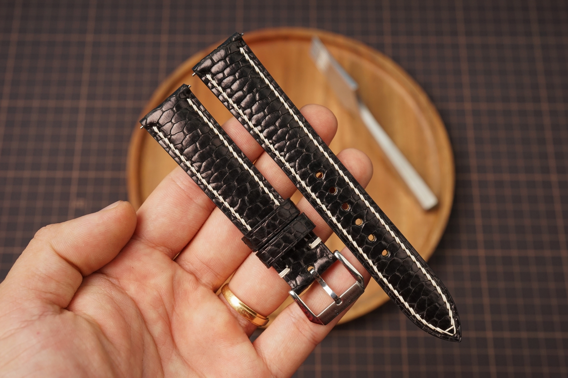 Bespoke Black Beaver Tail Leather Watch Strap, Handmade Watch Strap