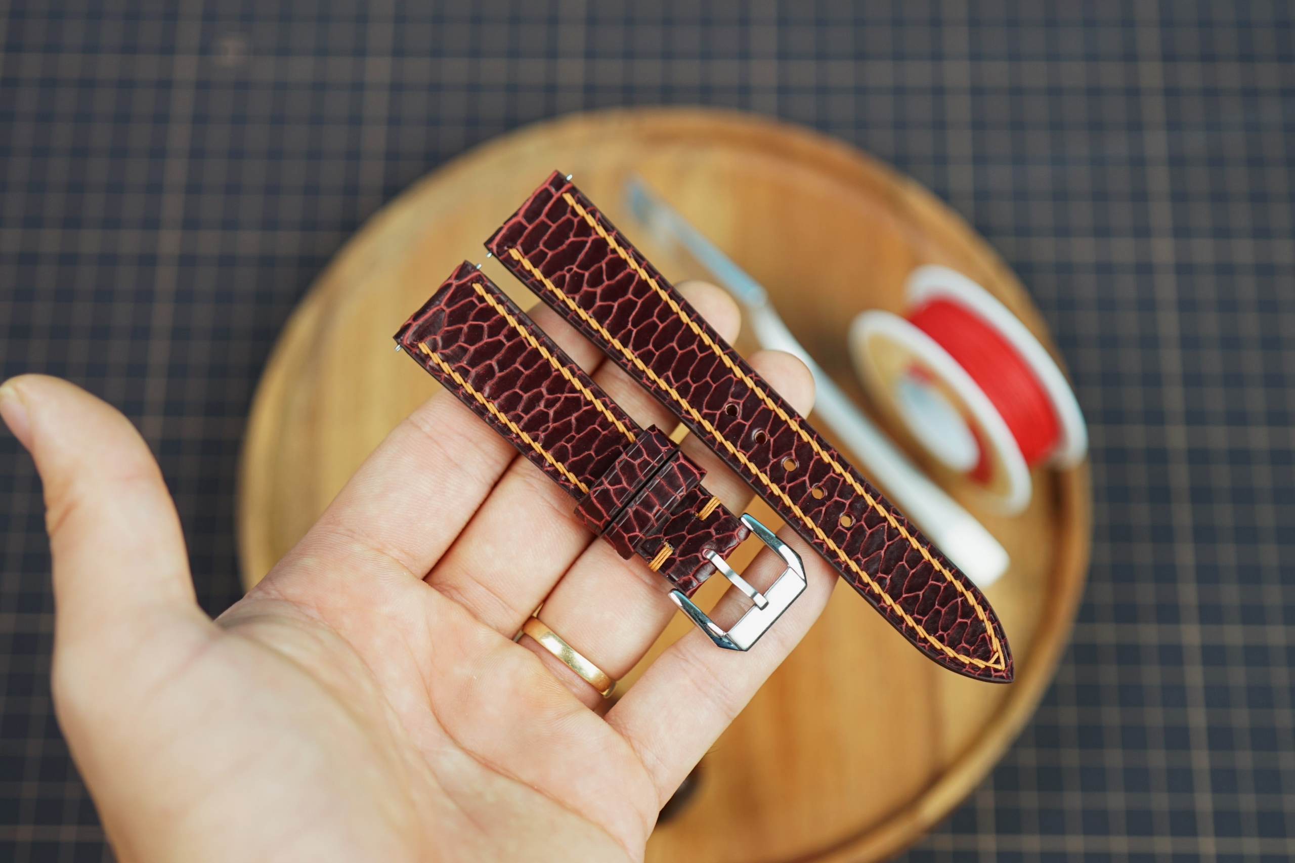Bespoke Burgundy Beaver Tail Leather Watch Strap, Custom Grand Seiko Watch Strap