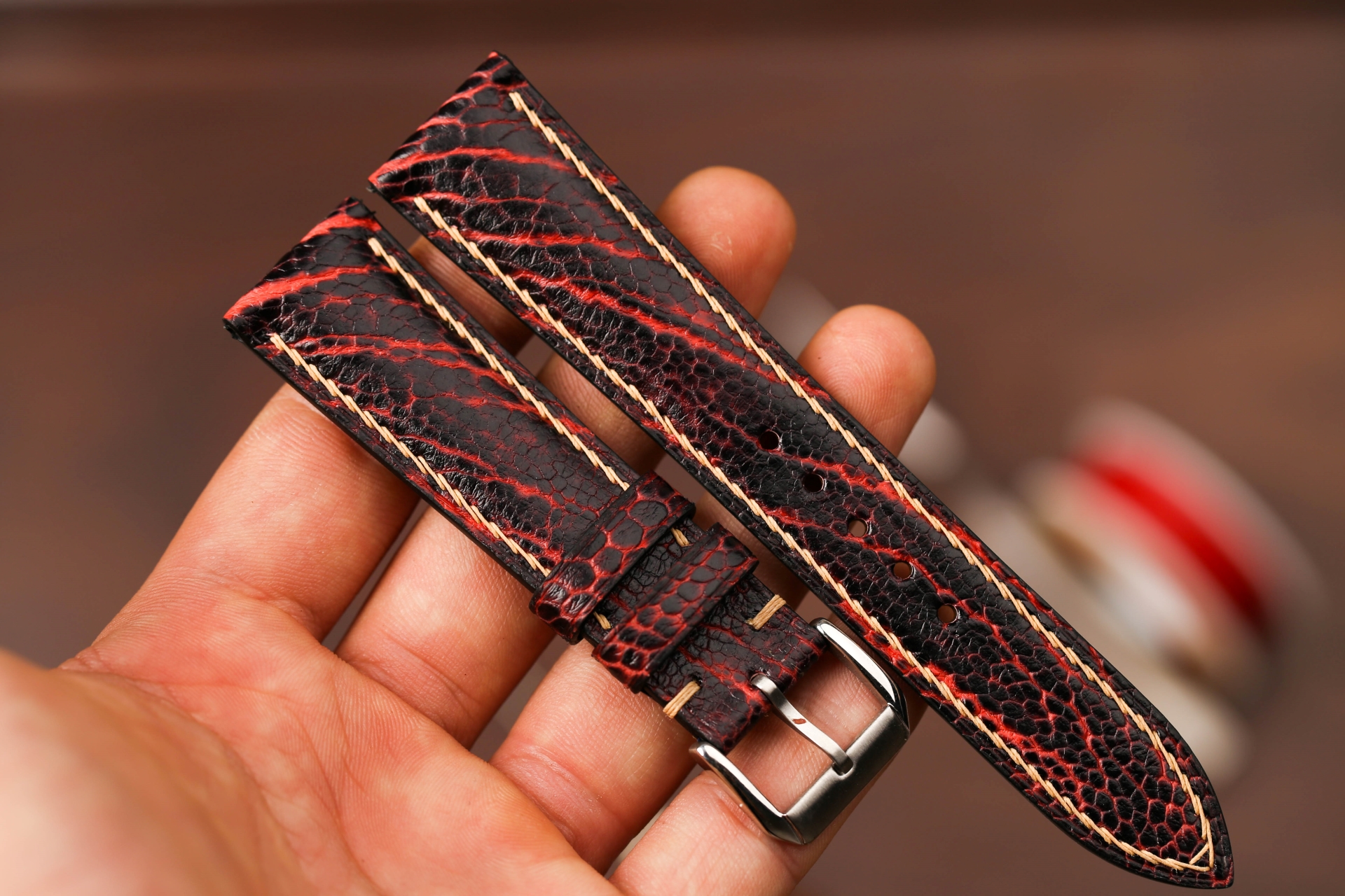 Bespoke Two Tone Burgundy Ostrich leg Leather Watch Strap, Vintage Watch Strap 18mm 19mm 20mm 21mm 22mm 23mm