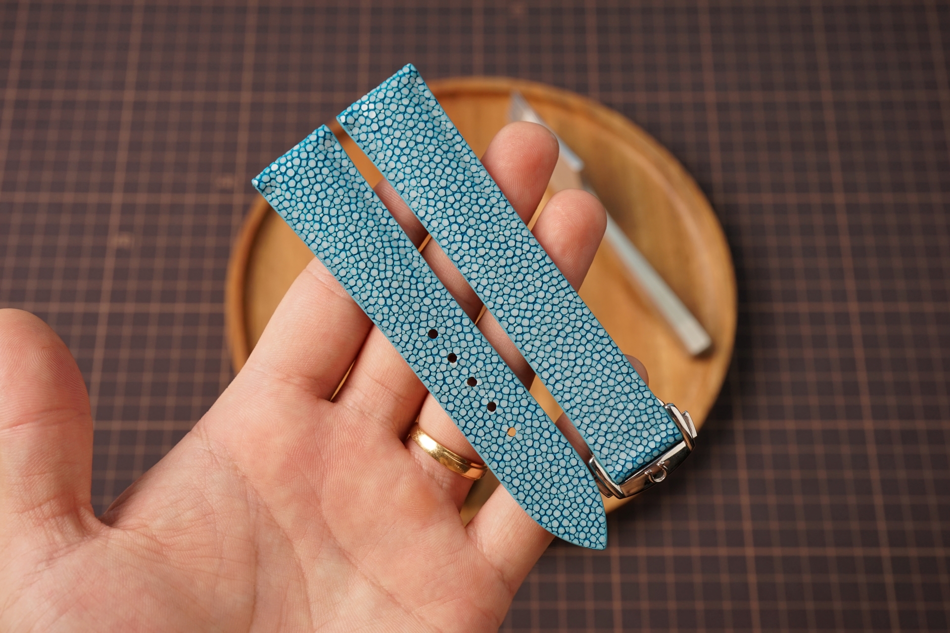 Sky Blue stingray leather watch strap for omega made by kentostraps