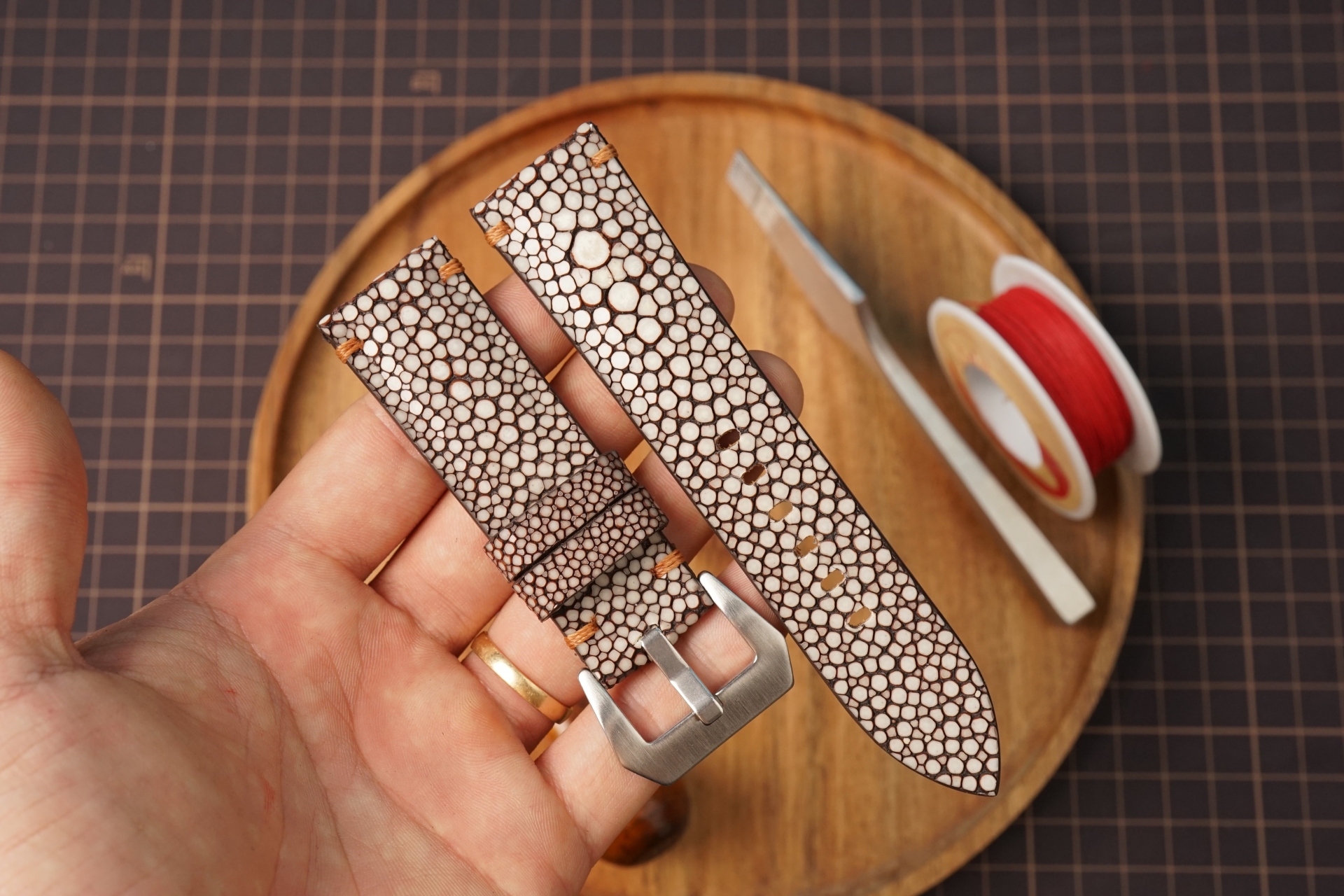 Bespoke Chocolate Single Pearl Stingray Leather Watch Strap, Custom Panerai Watch Strap